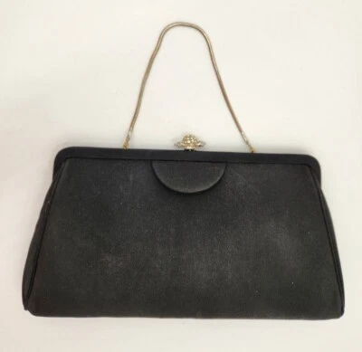 Bolso sin asas de tela negro Admiral vintage broche de estrás mango de cadena con bisagras 11"x 6" Foto 1 de 4