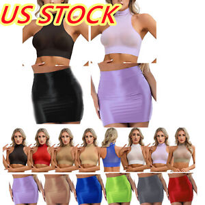 US Women See Through Crop Top Sheer Bra Short Skirt High Waist Mini Hip Skirt 