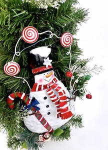 Farmhouse Tin Metal Xmas Snowman Door Hanger on Decorated Garland 20”X 12”X 5” - Picture 1 of 8