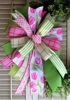 10 " SPRING FLORAL HANDMADE WIRED BOW for DOOR WREATH, SWAG, FENCE POST # 16  rb - Image 1 of 4