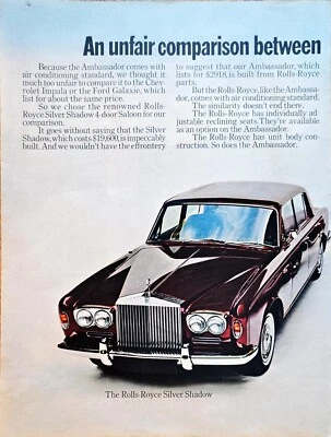 1968 VTG Print Ad-AMERICAN MOTORS AMBASSADOR DPL-Rolls-Royce comparison-Dual Ad - Image 1 of 2