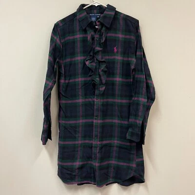 Ralph Lauren Plaid 100% Cotton Ruffle Flannel Shirt Dress Medium Black/Green - Image 1 of 4