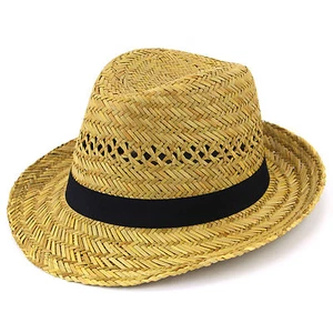Straw trilby hat with black band sun summer brim - Picture 1 of 4