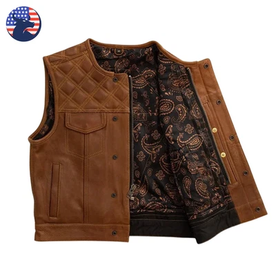 Men's Brown Genuine Soft Cowhide Leather Vest Club Biker Motorcycle Quilted 80s - Image 1 of 4
