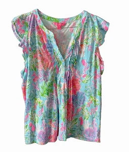 Lilly Pulitzer Celestial Blue Cay To My Heart Top Flutter Sleeve Size XL Cotton - Picture 1 of 9