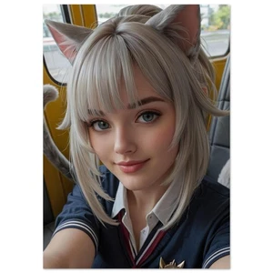 Kawaii Neko Girl Digital Art Poster - Anime School Uniform Style - Picture 1 of 10