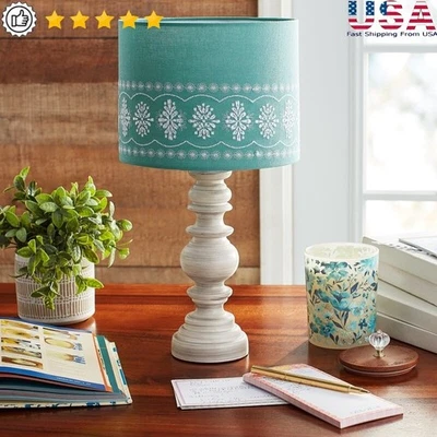 Rustic Turned Table Lamp W/ Floral Embroidery Linen Shade Cozy Home Decor New - Image 1 of 4