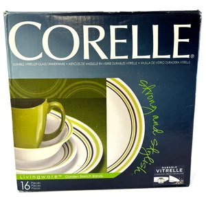 NIB Corelle Vitrelle 16 Piece Set Livingware Garden Sketch Bands Green USA - Picture 1 of 2