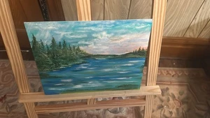 Serene Lake and Forest Original Oil Painting, Signed TM, Tranquil Landscape Art - Picture 1 of 5