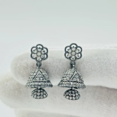 MINIMAL Mayur Jali Stunning Jhumka in 925 Silver Black Rhodium Ethnic Looking - Image 1 of 4