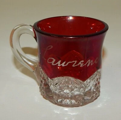 Antique EAPG Ruby Stain Flash Glass Lawrence 1910 Cup Mug  - Image 1 of 3
