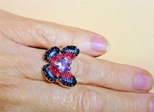 Rose De France Amethyst, Spinel, Sapphire Sterling Silver Butterfly Ring Size 7 - Picture 1 of 12