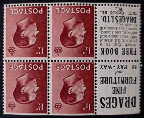 King Edward Vlll 1.1/2d SG.459a Wi MNH Booklet Pane With Advert Labels VF Cover