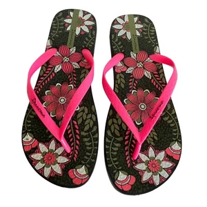 IPANEMA Flip Flops Size 10 Beach Thong Sandals Pink Black Floral Print - Picture 1 of 11