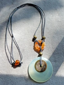 Smooth Big Green & Carved Orange Jade Circles, I Ching Coin Pendant Necklace - Picture 1 of 3
