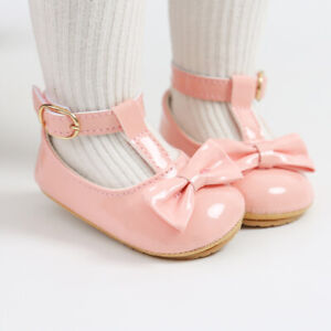 Infant Baby Girl Spanish Style Patent Crib Shoes Mary Jane Bowknot Rubber Dress 