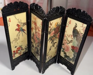 Chinese 4 Panel Folding Wood Screen Divider Asian Small Tabletop Decor - Picture 1 of 7