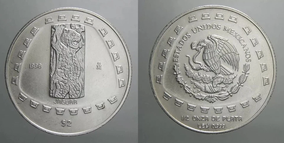 MESSICO 1/2 ONCIA 1998 JAGUAR SERIE PRECOLOMBIANA IN ARGENTO 999 - Immagine 1 di 1