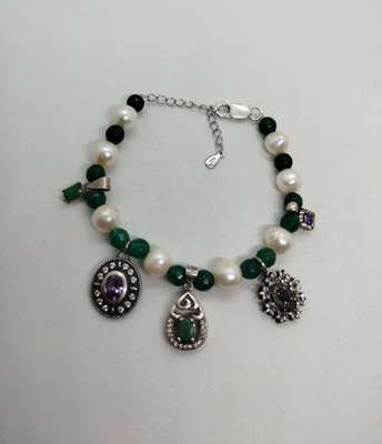 Lovely Handmade Bracelet with Cute Vintage Multi Gemstones Silver Charm - Image 1 of 4