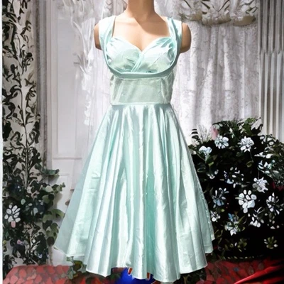 Vestido Maggie Tang Retro Años 50 Estilo Pin Up Rockabilly Azul Verde Aqua Satén Talla S Foto 1 de 4