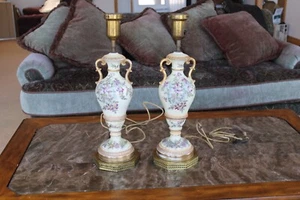 Matching Set Violet Purple Floral Porcelain Ceramic Tall Antique Table Lamps - Picture 1 of 10