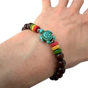 Brown Wood Turquoise Turtle Bead Bracelet Wristband Bangle Mens Ladies Jewellery - Picture 1 of 3