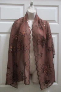 Mantón Mujer Marrón Semi Sneer Tela con Lentejuelas Estampado Floral Nuevo - Imagen 1 de 10