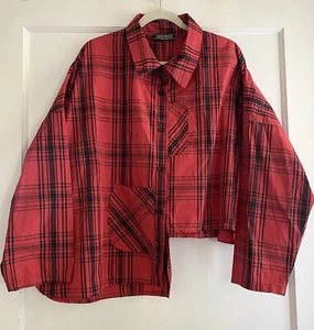 Transparente Black Label Plaid Check Asymmetrical Hem Button Down Blouse Top OS - Picture 1 of 5