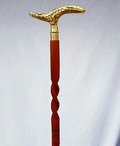 Collectible SOLID DRAGON HEAD BRASS WALKING HEAD ORNATE BROWN WOODEN CANE STICK - Picture 1 of 3
