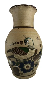 Jarrón Tonala vintage arte popular mexicano cerámica arenisca pájaro flores firmado - Imagen 1 de 8