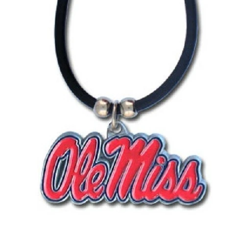 Ole Miss Rebels Necklace Black Rubber Cord Large Metal Pendant NCAA College Fan Cover
