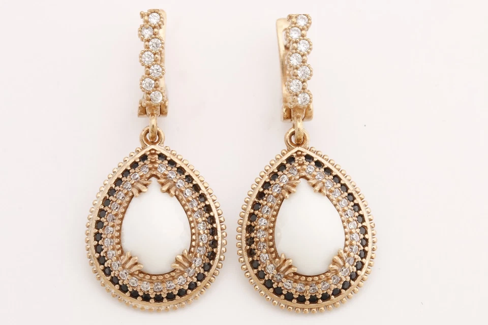 Turkish Jewelry Drop Shape White Black Onyx Topaz 925 Sterling Silver Earrings - Image 1 of 4