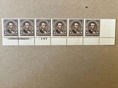 US 269 4c Lincoln Mint NH OG Bottom Margin Plate #197 Strip of 6  - Image 1 of 2