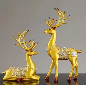 Deer Statue Sculptures Set Of 2 Home Decor/Unique Gold Reindeer/ Christmas Decor - Picture 1 of 3
