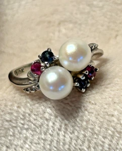 Vintage 10k White Gold Pearl Ring Natural Genuine Rubies and Saphires Size 4 1/4 - Picture 1 of 6