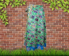 Womens Wrap Skirt, Beach Cover Up, Green Blue Printed Two Layer Silk One Size