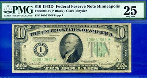 1934D $10 Federal Reserve note PMG VF25 Minneapolis star Fr 2009-I - Picture 1 of 2
