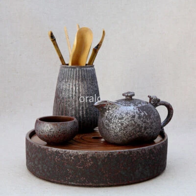 complete tea set with reservoir tea tray round pottery tea pot matching tea cups - Image 1 of 4