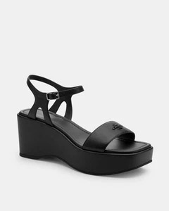 Coach Gale Damen-Plateausandalen Keilabsatz 9,5 schwarz Leder Knöchelriemen Logo - Bild 1 von 5