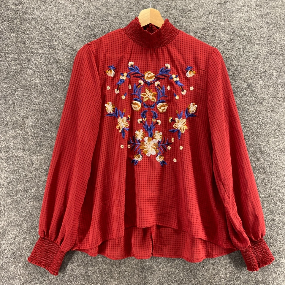 Soulmates блузка женщин M средний красный цветочный вышитый высокий воротник длинным рукавом - Изображение 1 из 4