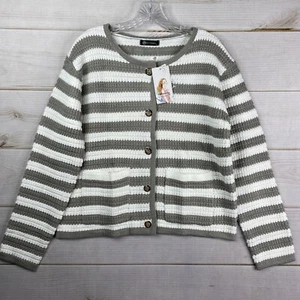 Pretty Garden Cardigan Womens L Gray White Cable Knit Button Up Sweater Pockets - Picture 1 of 12