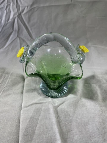 VINTAGE HAND BLOWN GLASS BASKET 4"x3.5” Green And Yellow Cover