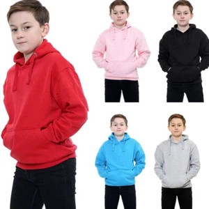 Kids Girls Boys Plain Hooded Jumper Fleece Pullover Hoodie Unisex Sweatshirt - Picture 1 of 13