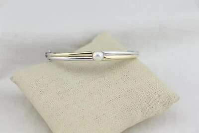 Sterling Silver & 14k 7mm White Pearl BRACELET Hinged Bangle 2 Tone AV signed - Image 1 of 4