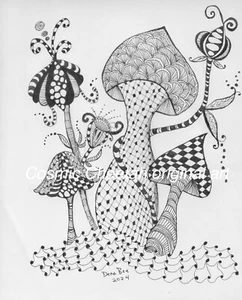 PILZ ORIGINAL KUNST Zentangle inspiriert, launisch, Stift & Tinte 9x12 Zoll, schwarz & weiß - Bild 1 von 1
