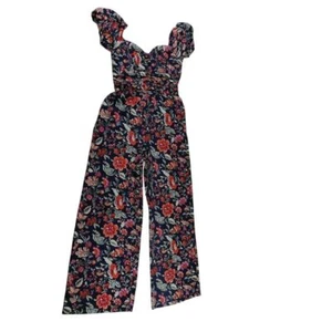 Floral Wide Leg Jumpsuit Cap Sleeves Navy Blue Vintage Style Romper Size S - Picture 1 of 9