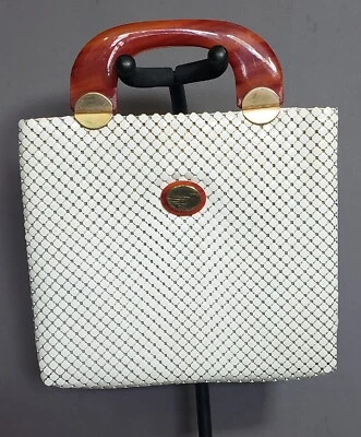 VTG WHITING & DAVIS 60'S WHITE MESH TOTE WITH LUCITE FAUX TORTOISE HANDLES - Image 1 of 4