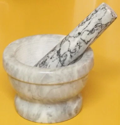 Vintage Marble Mortar White with Grey Veins with Pestle. - Image 1 of 4