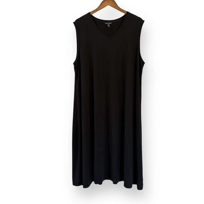 Eileen Fisher Black V-Neck Shift A-Line Midi Dress 2X Stretch Lyocell Minimalist - Image 1 of 4