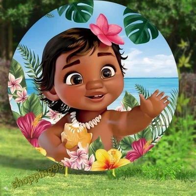 Round Baby Moana Backdrop Cover Girls Birthday Party Photo Background Decoration - Image 1 of 4